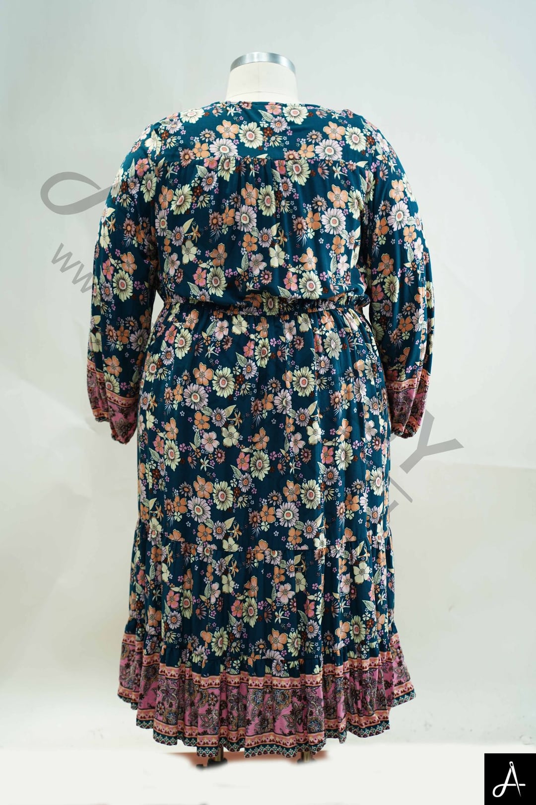 Women's Plus Size Teal Floral Print Round Neck 3/4 Sleeve Maxi Dress