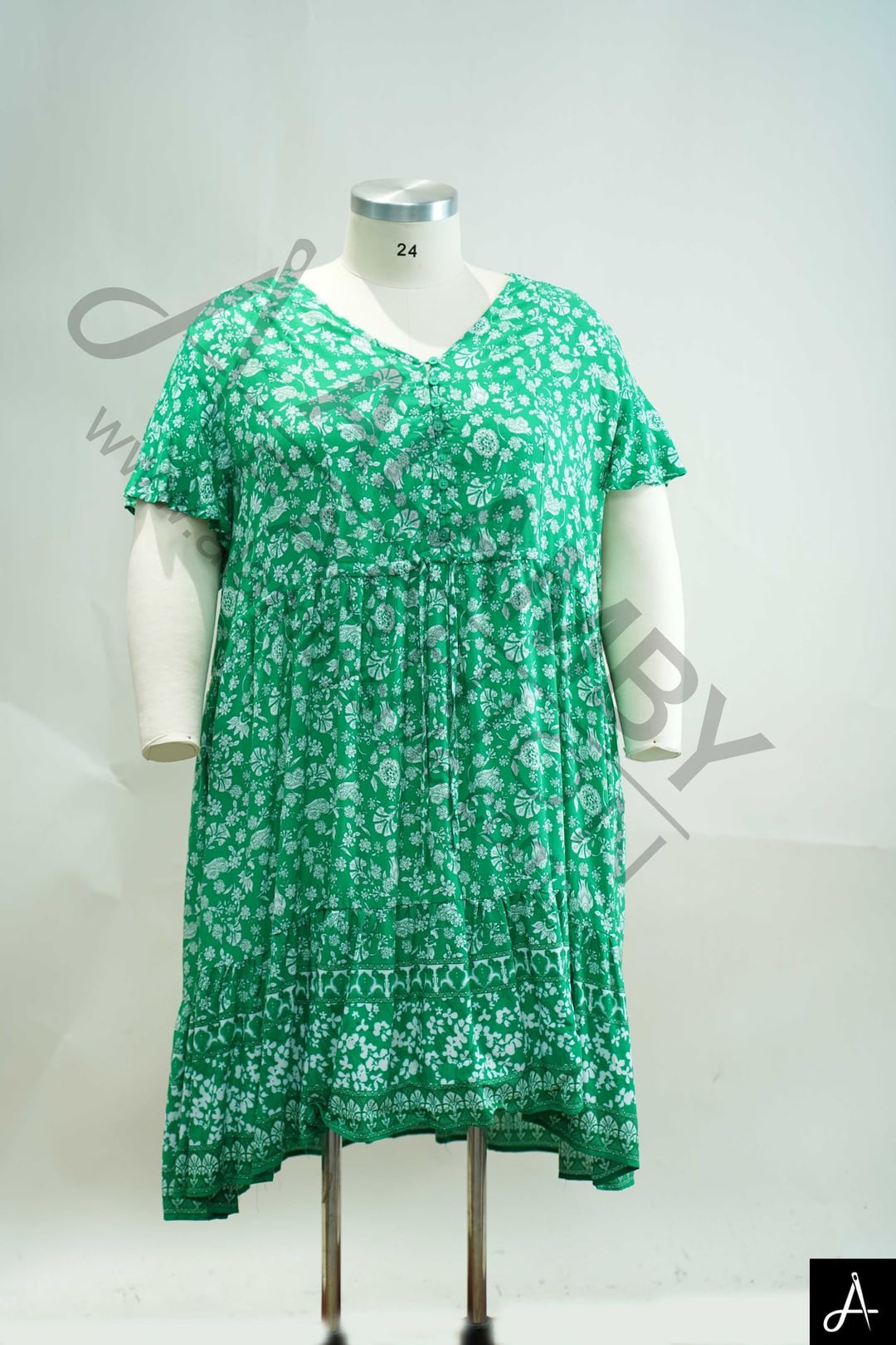Women's Plus Size Green Floral Print V-Neck Short Sleeve Midi Dress