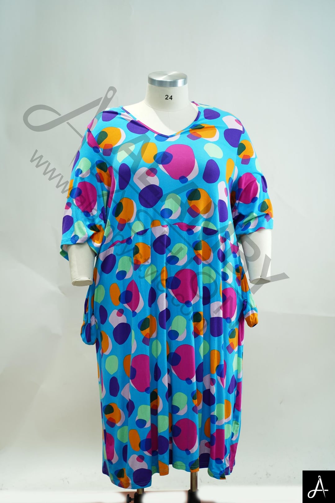 Women's Plus Size Blue Multicolor Polka Dot Print Round Neck 3/4 Sleeve Tunic Dress