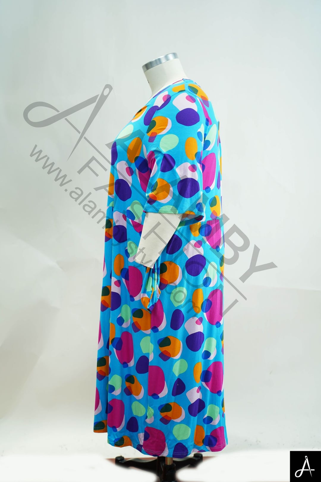 Women's Plus Size Blue Multicolor Polka Dot Print Round Neck 3/4 Sleeve Tunic Dress