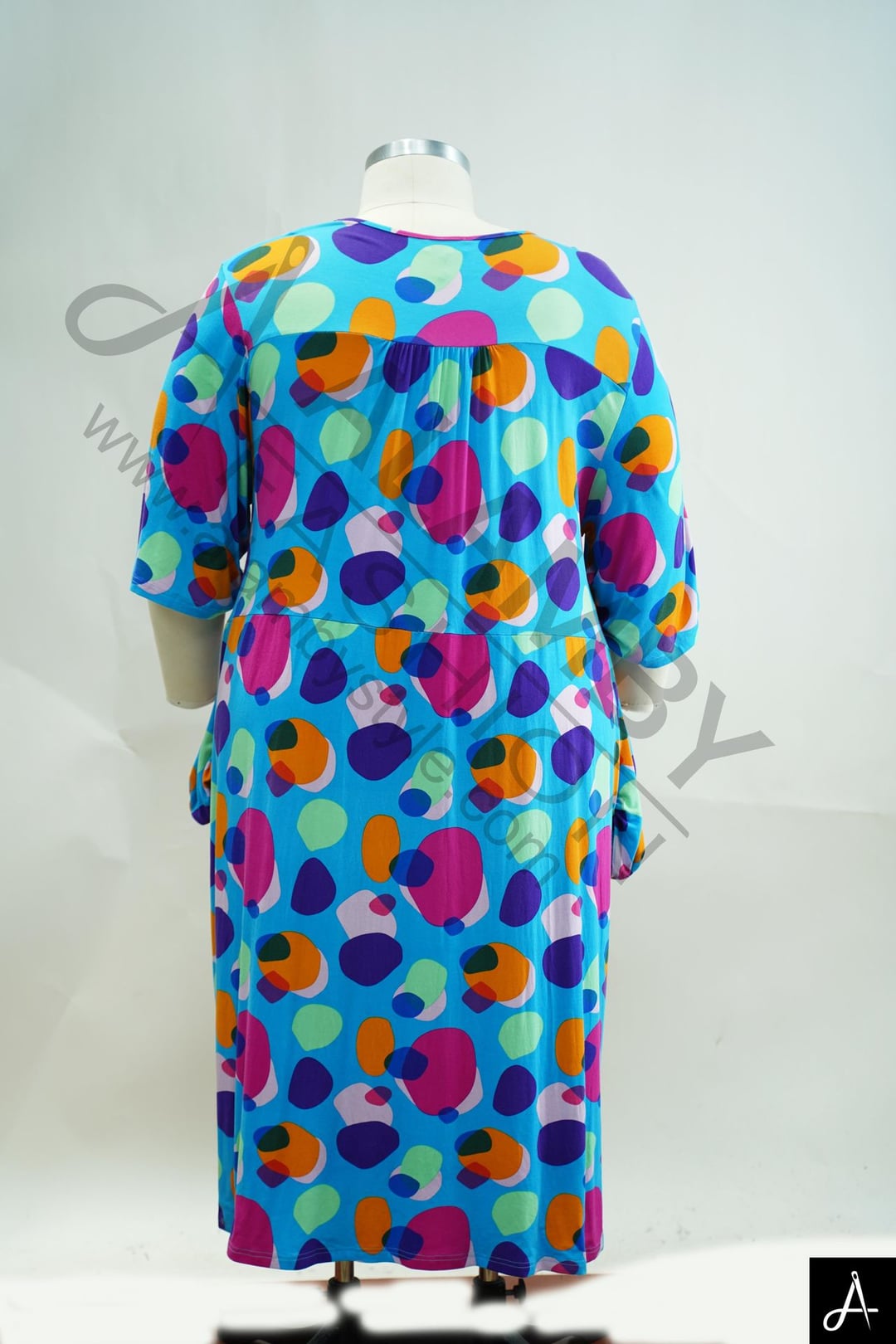 Women's Plus Size Blue Multicolor Polka Dot Print Round Neck 3/4 Sleeve Tunic Dress