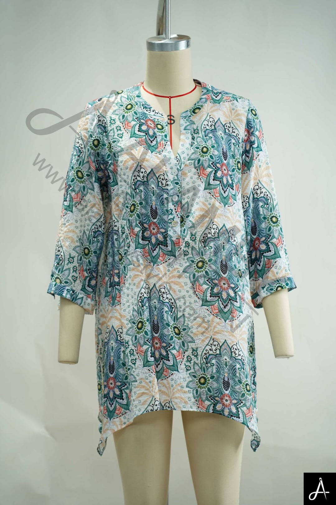 Women Plus Size Floral Print Split Neck 3/4 Sleeve Casual Tunic Top