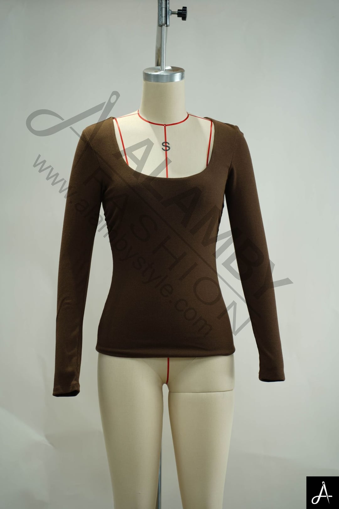 Brown Square Neck Long Sleeve Fitted Knit Top