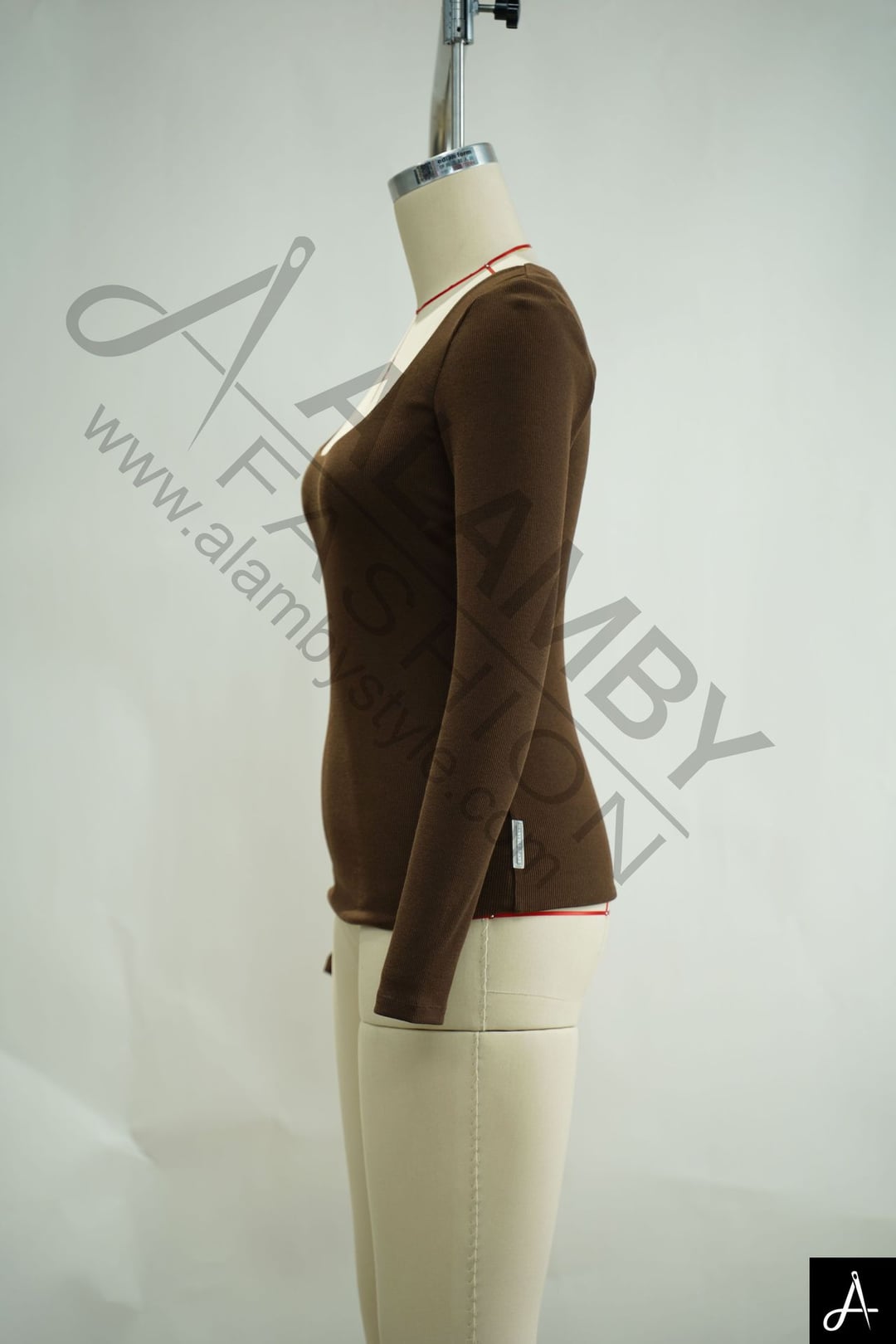 Brown Square Neck Long Sleeve Fitted Knit Top