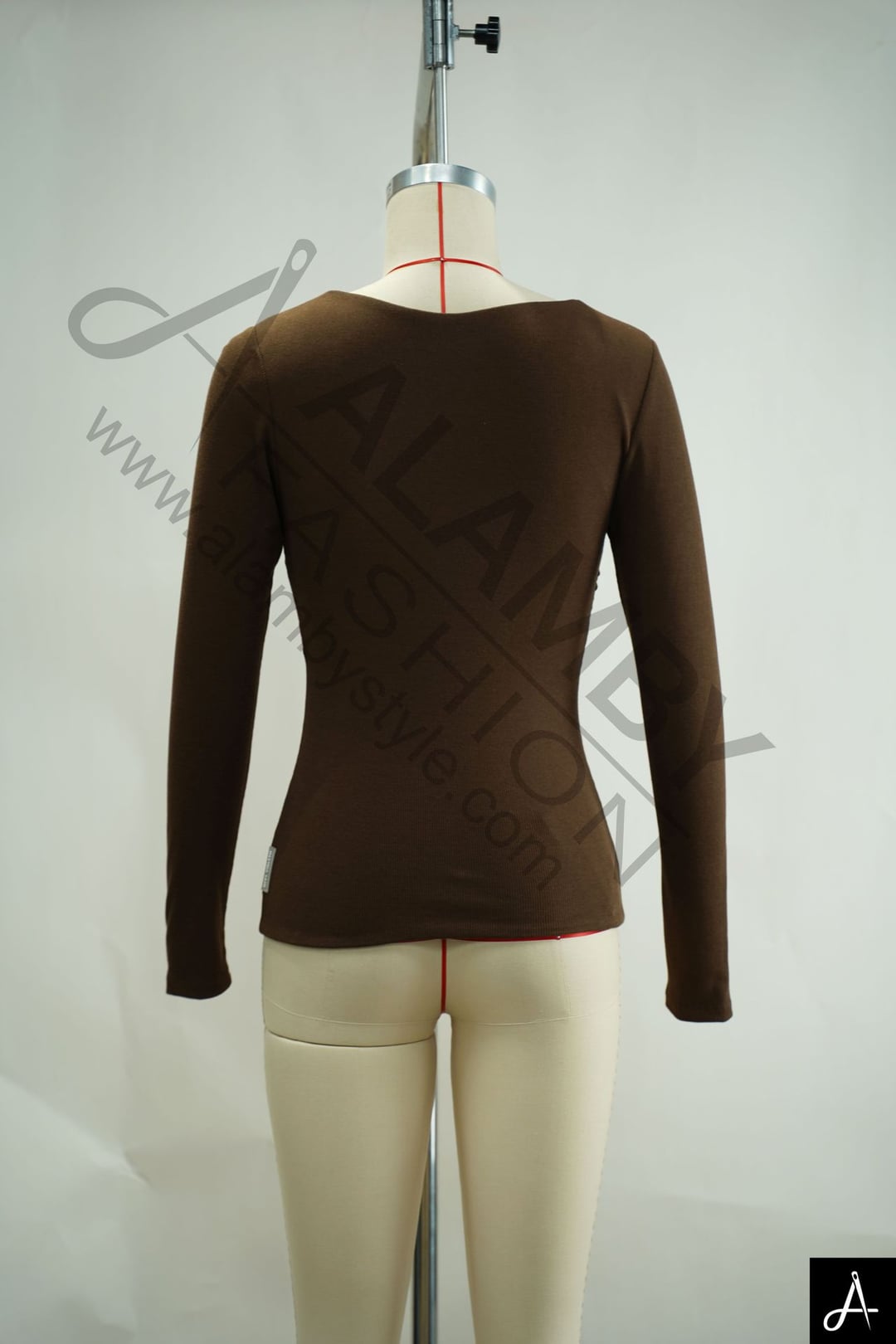 Brown Square Neck Long Sleeve Fitted Knit Top