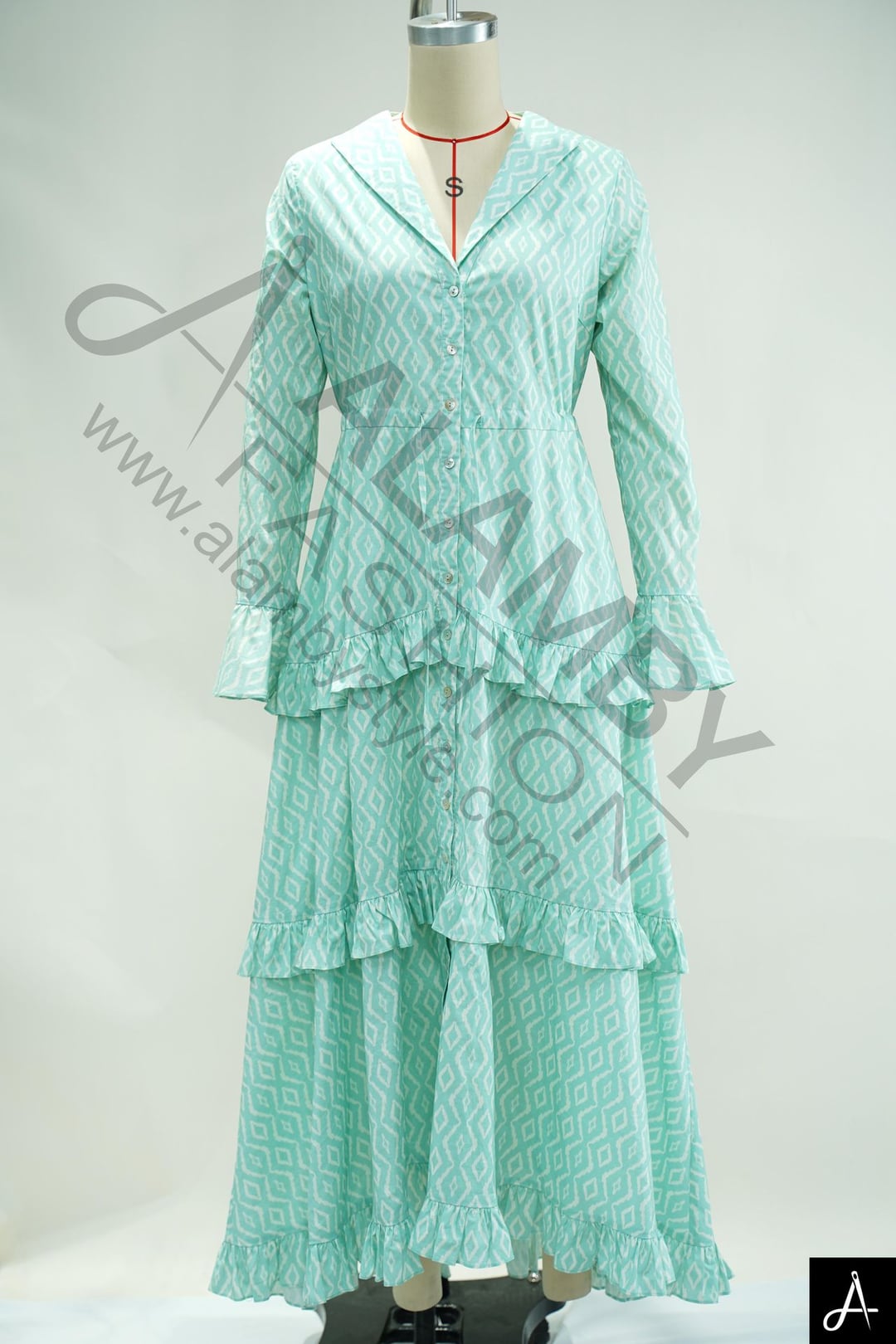 Mint Green V-Neck Long Sleeve Tiered Ruffle Maxi Woven Dress