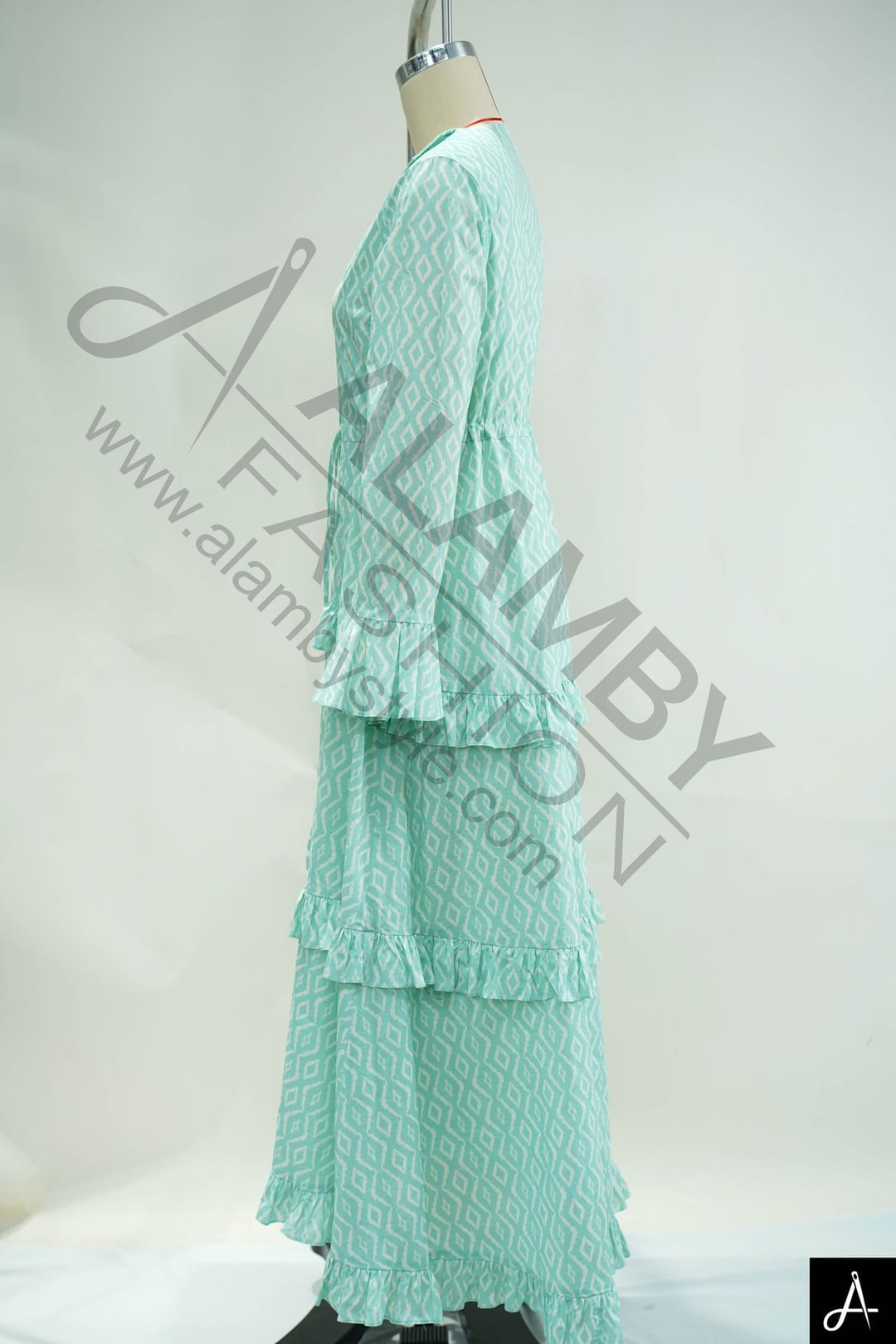 Mint Green V-Neck Long Sleeve Tiered Ruffle Maxi Woven Dress