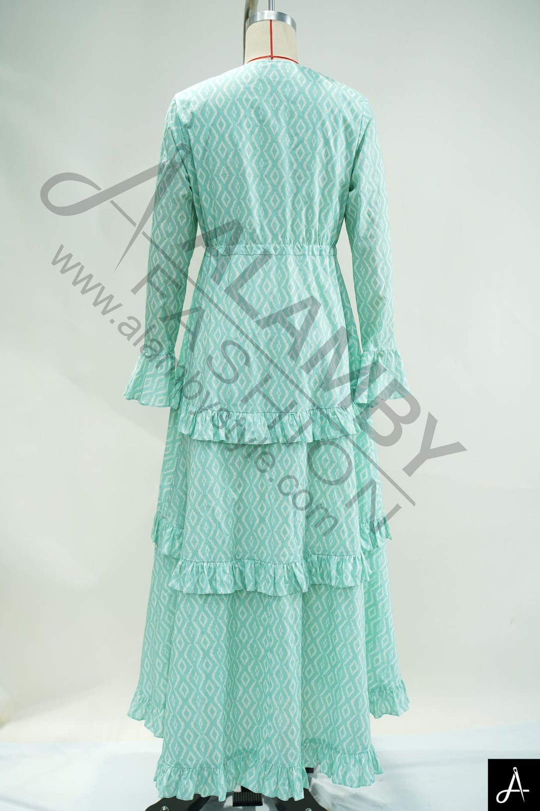 Mint Green V-Neck Long Sleeve Tiered Ruffle Maxi Woven Dress