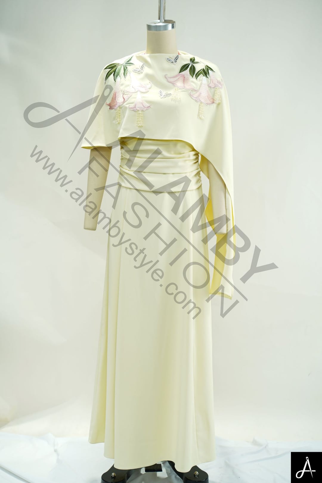 Cream Embroidered Two-Piece Woven Dress Set (Capelet + Maxi Dress)