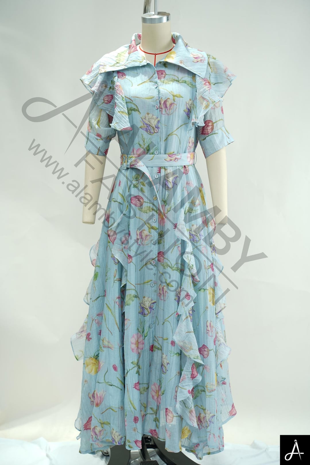 Light Blue Floral Print Peter Pan Collar Long Sleeve Shiny Chiffon Maxi Dress
