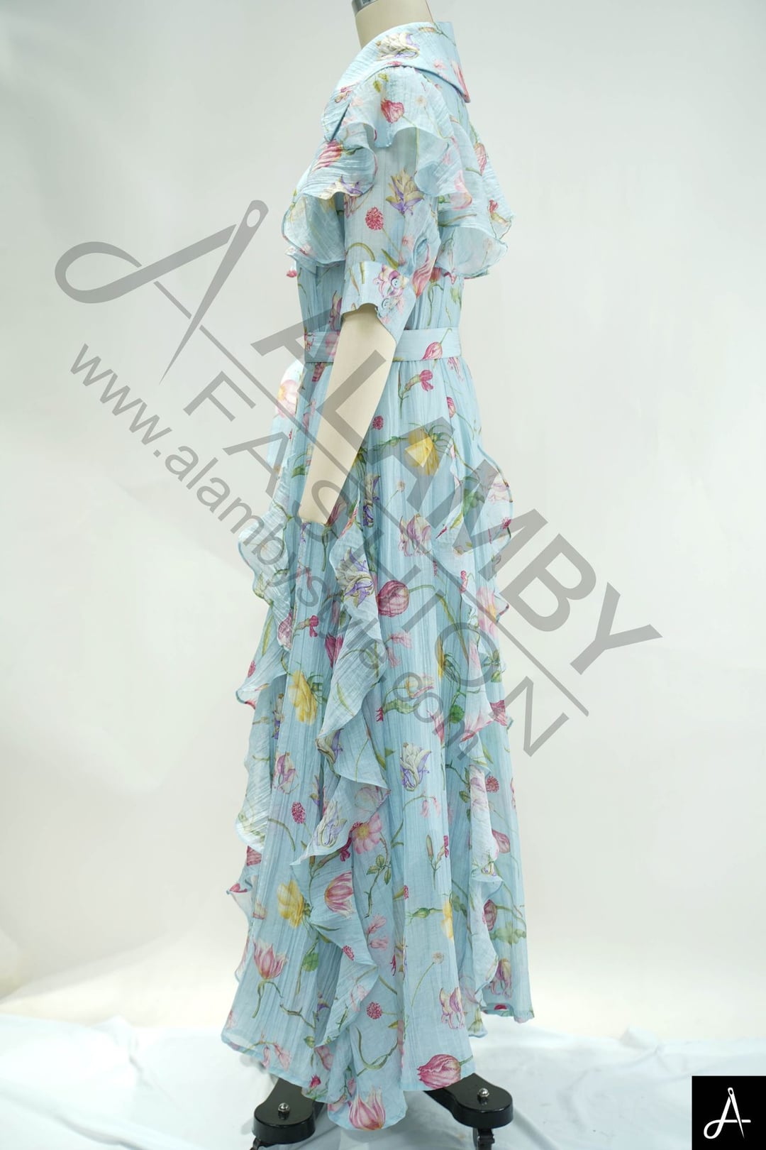 Light Blue Floral Print Peter Pan Collar Long Sleeve Shiny Chiffon Maxi Dress