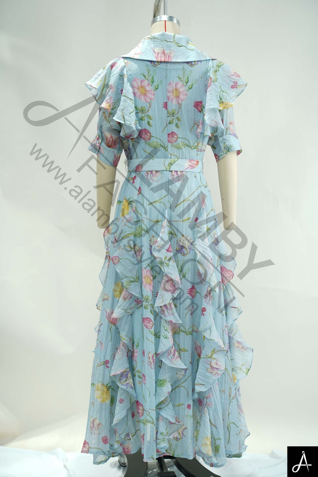 Light Blue Floral Print Peter Pan Collar Long Sleeve Shiny Chiffon Maxi Dress