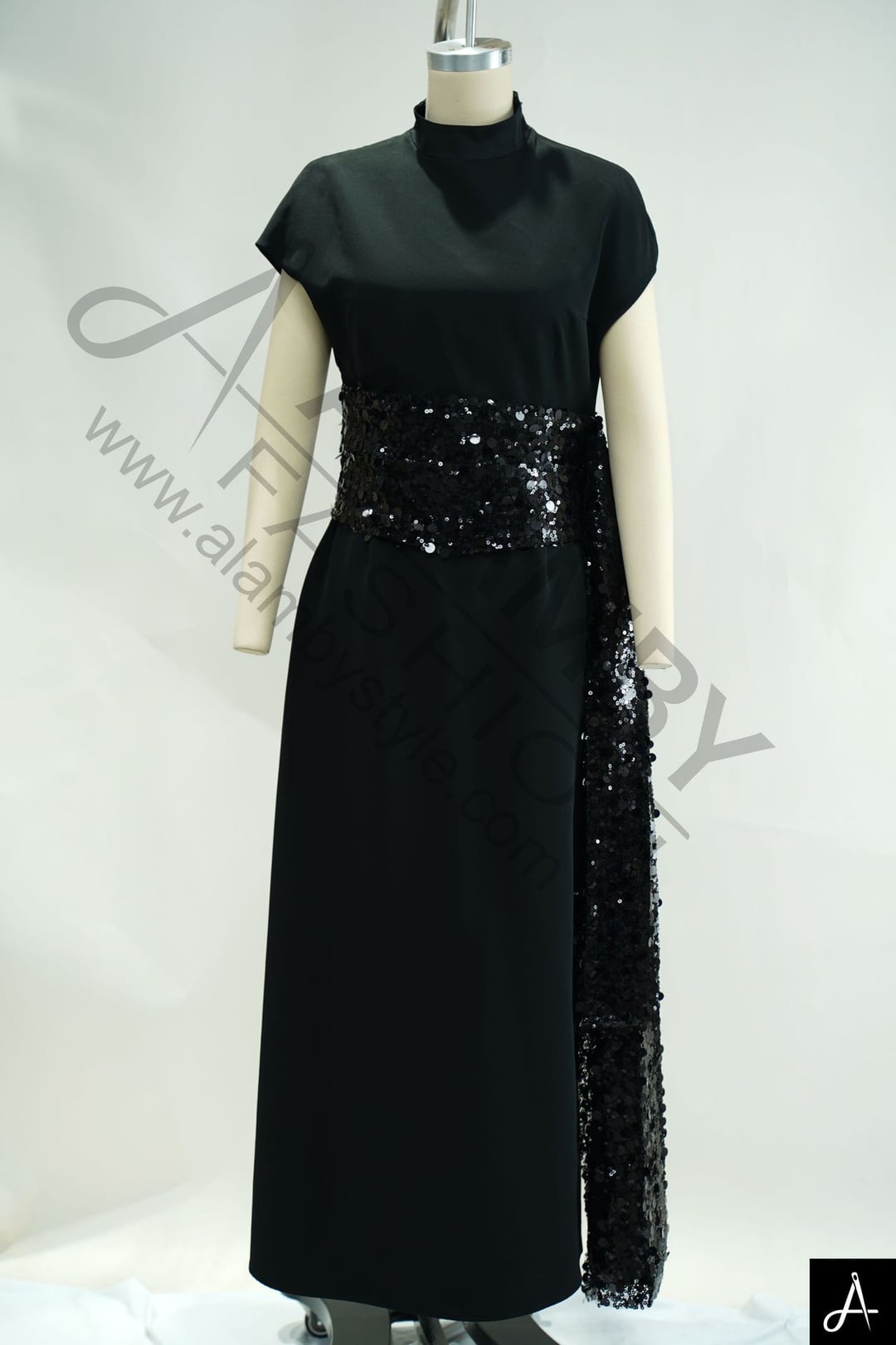 Black Beaded Waist Midi Formal Dress