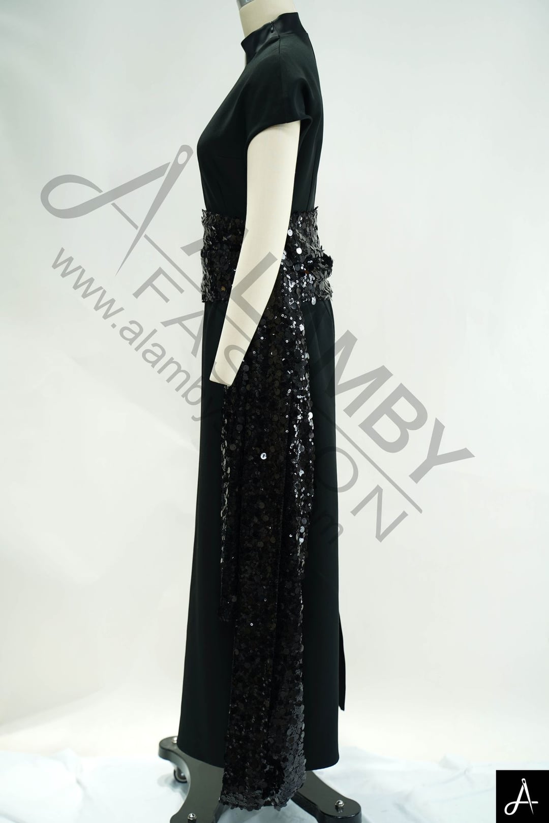 Black Beaded Waist Midi Formal Dress
