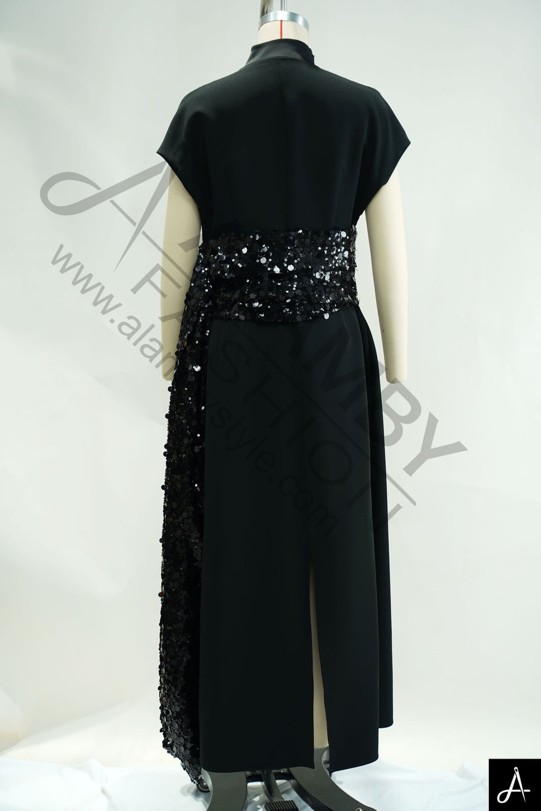 Black Beaded Waist Midi Formal Dress