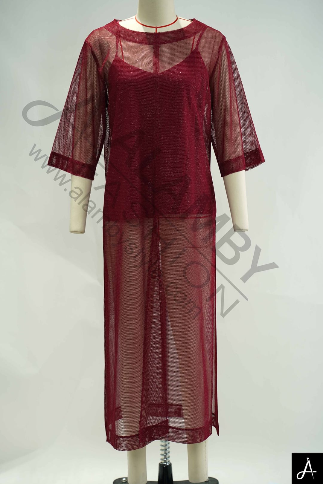 Burgundy Mesh Two-Piece Midi Dress
