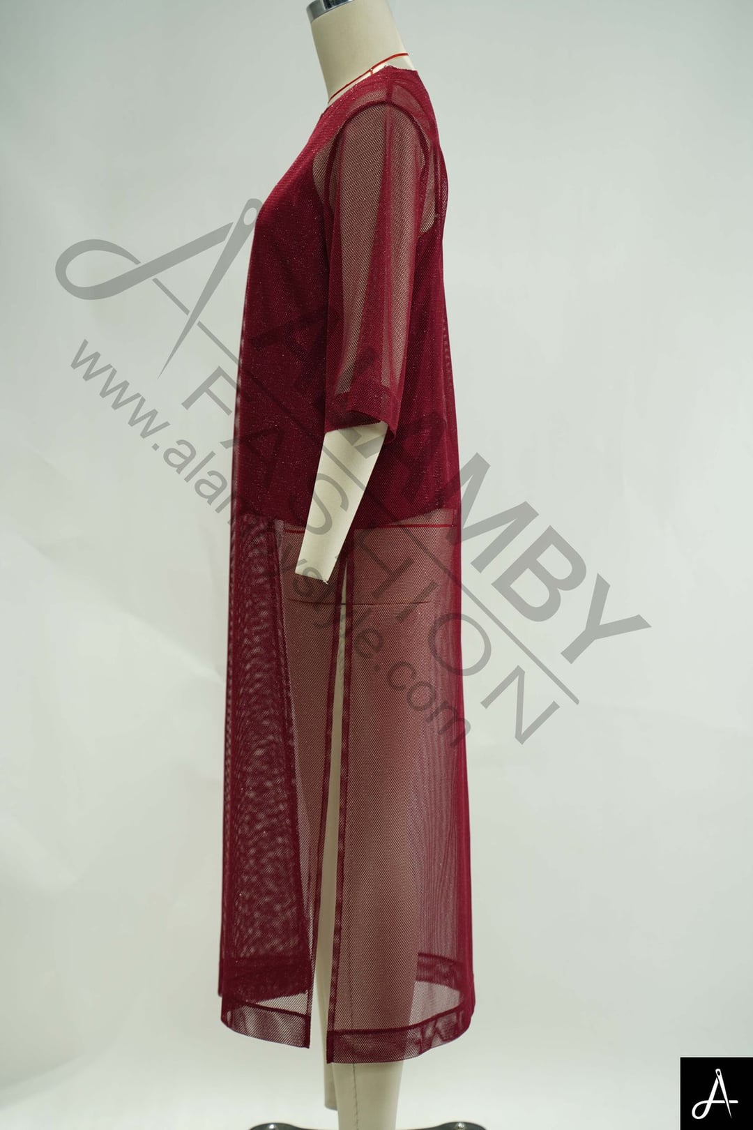 Burgundy Mesh Two-Piece Midi Dress
