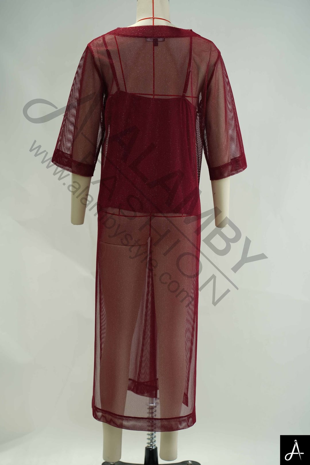 Burgundy Mesh Two-Piece Midi Dress