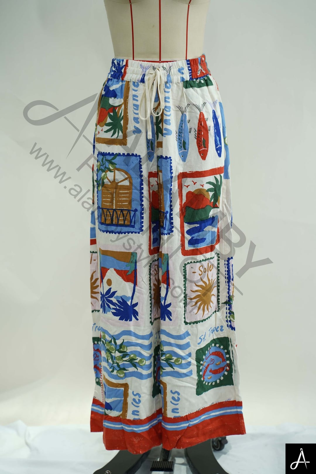 Postal Stamp Print Wide Leg Pants