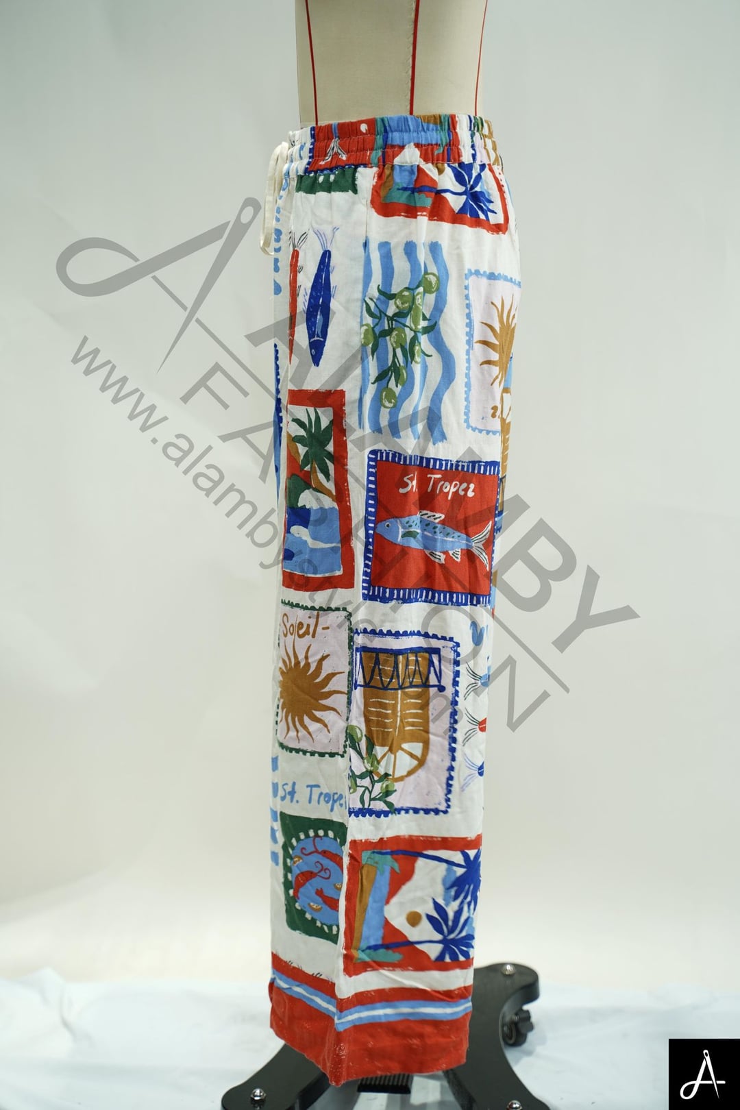 Postal Stamp Print Wide Leg Pants