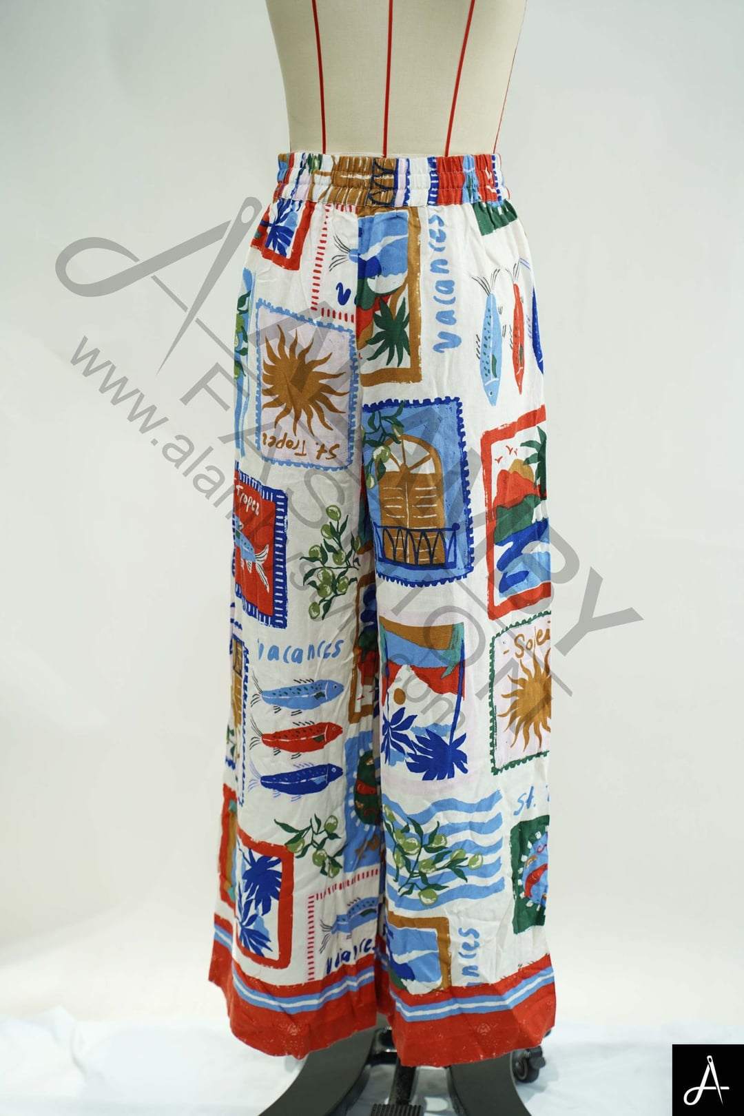 Postal Stamp Print Wide Leg Pants
