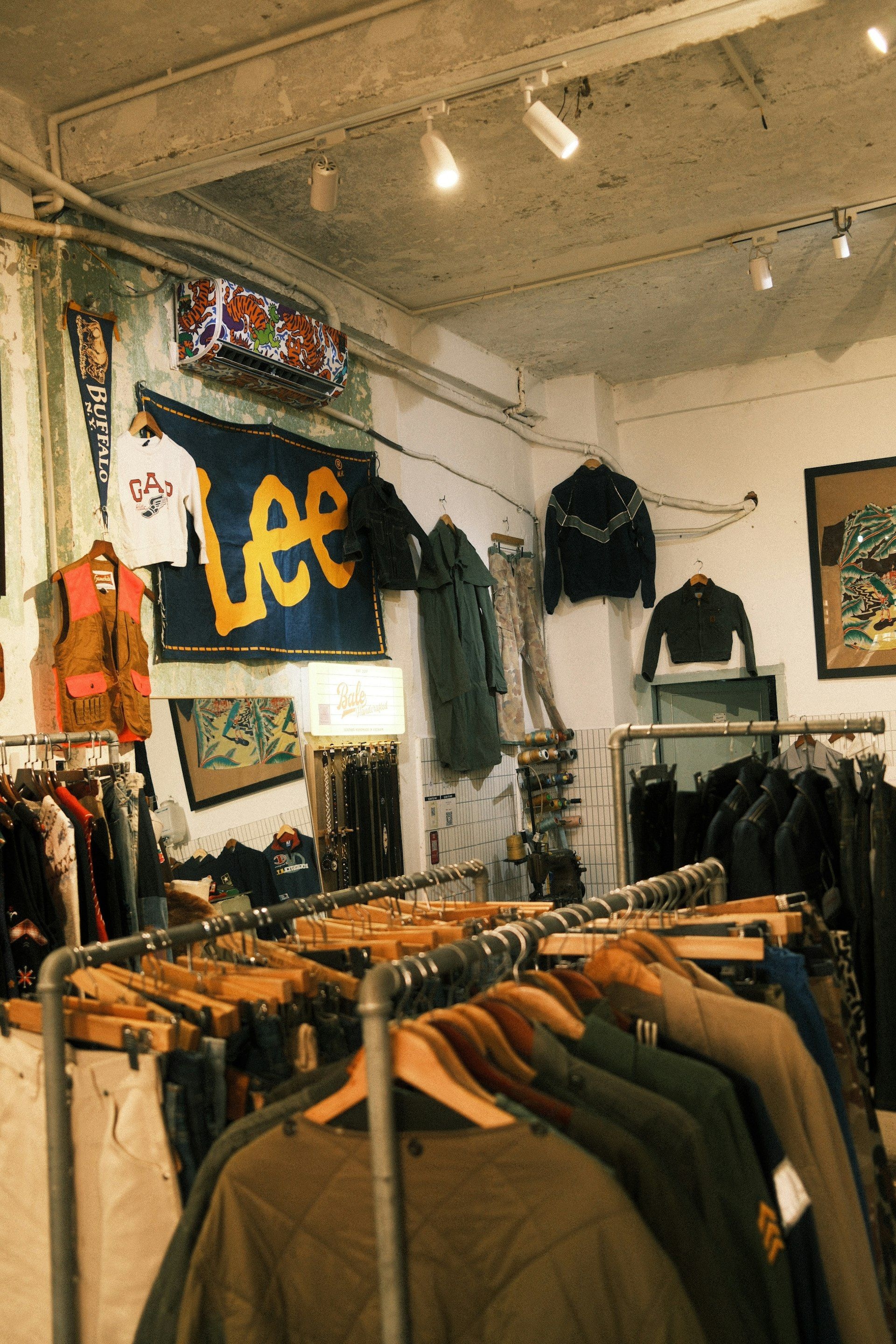Clothing displayed across a wholesale floor