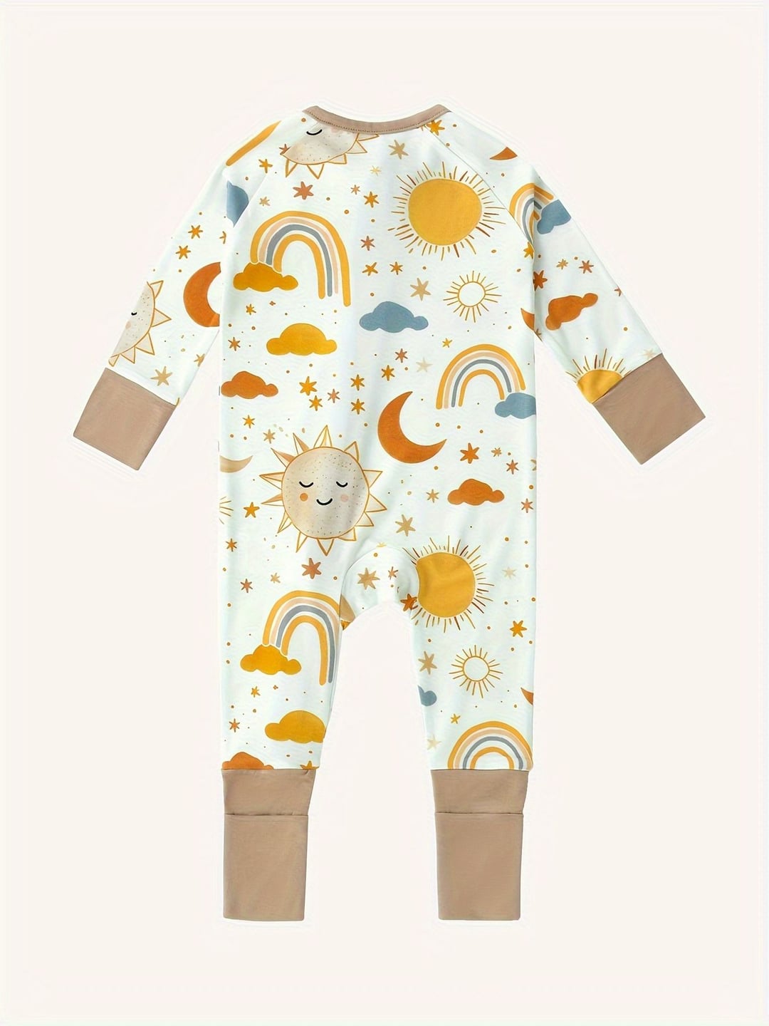 Bamboo Fiber Baby Rainbow Star Moon Sun Zipper Romper With Foldable Foot Cuffs