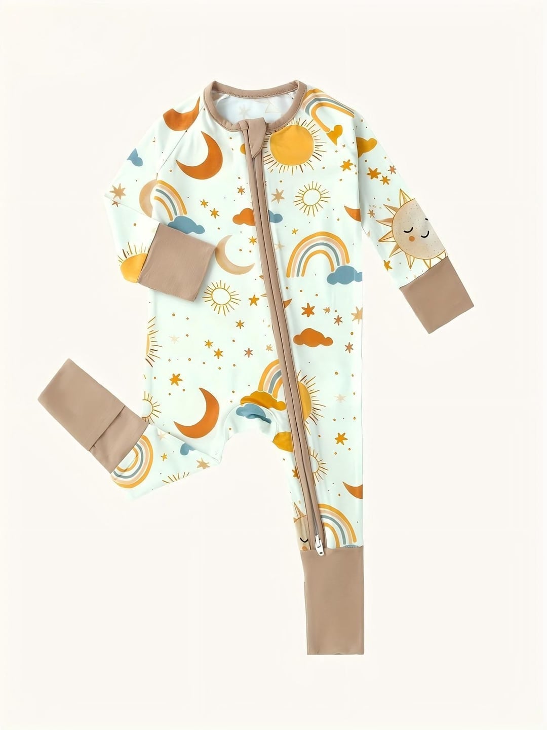 Bamboo Fiber Baby Rainbow Star Moon Sun Zipper Romper With Foldable Foot Cuffs