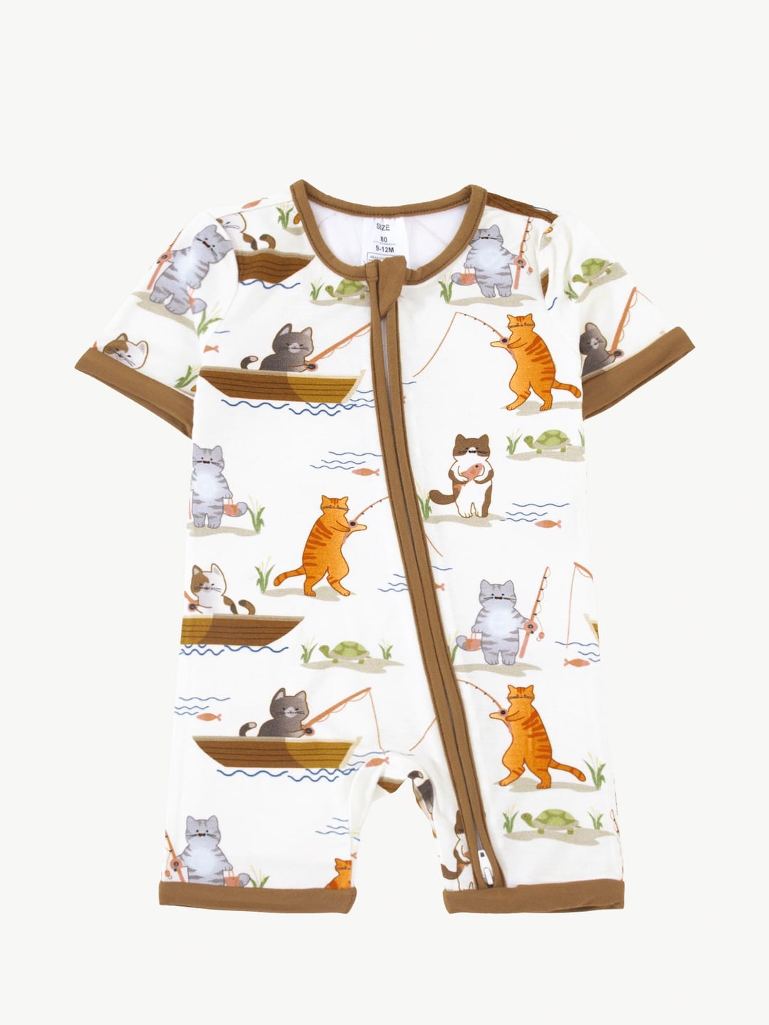 Bamboo Fiber Cat Fishing Print Double Zipper Romper