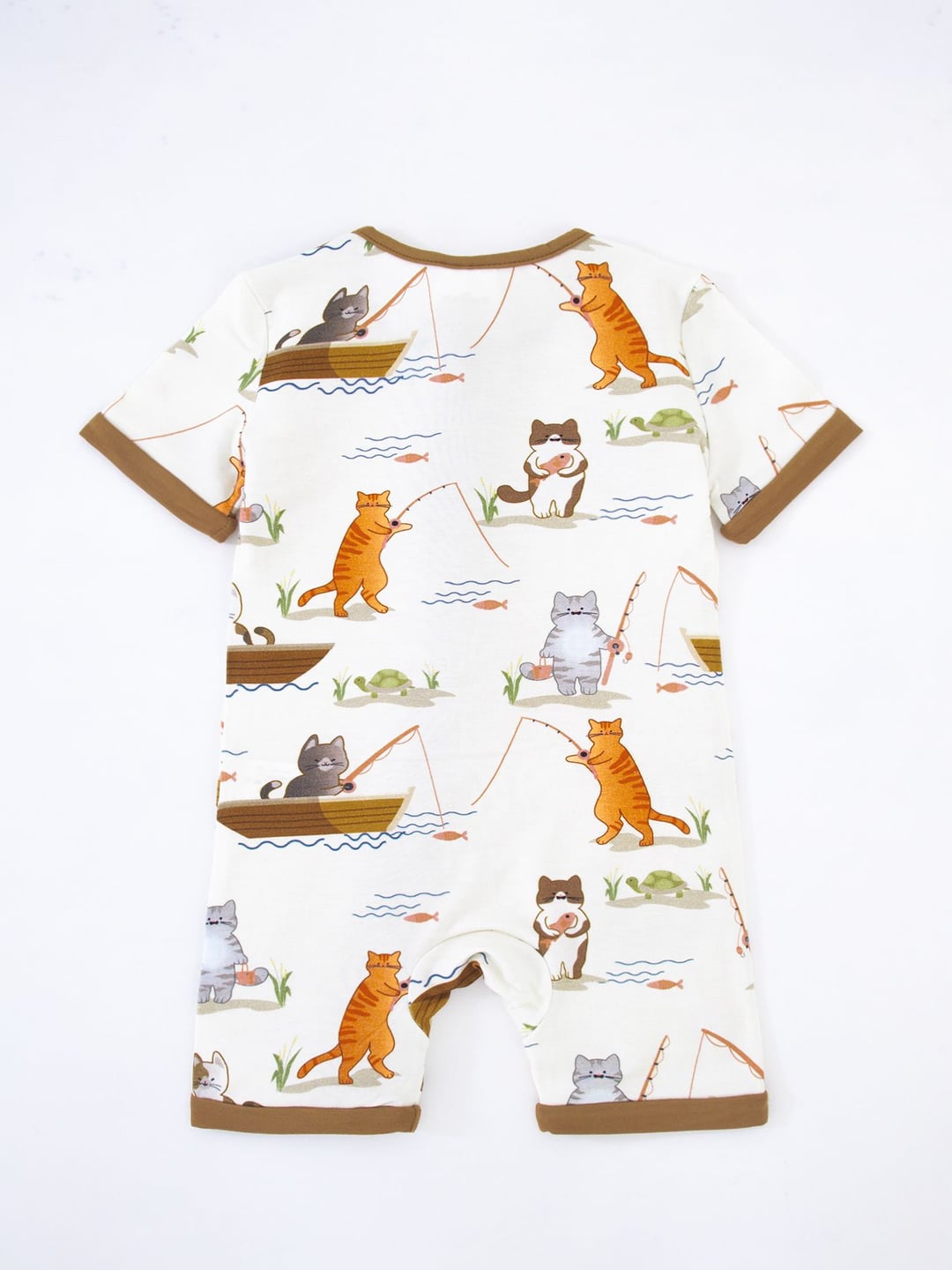 Bamboo Fiber Cat Fishing Print Double Zipper Romper
