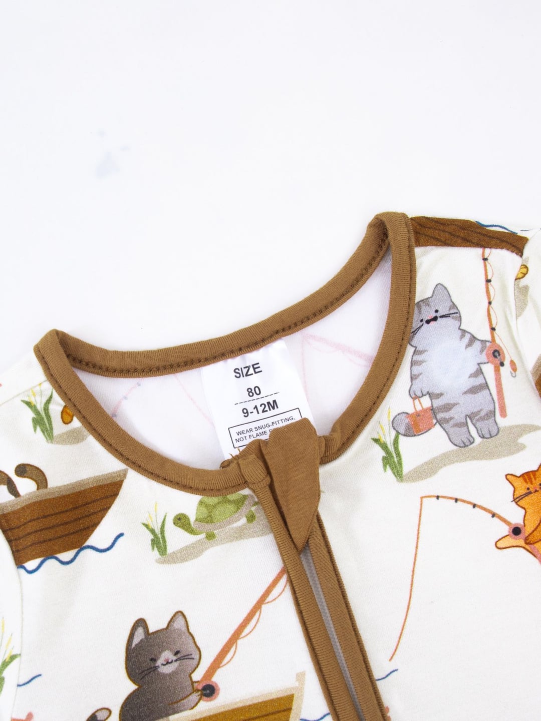 Bamboo Fiber Cat Fishing Print Double Zipper Romper