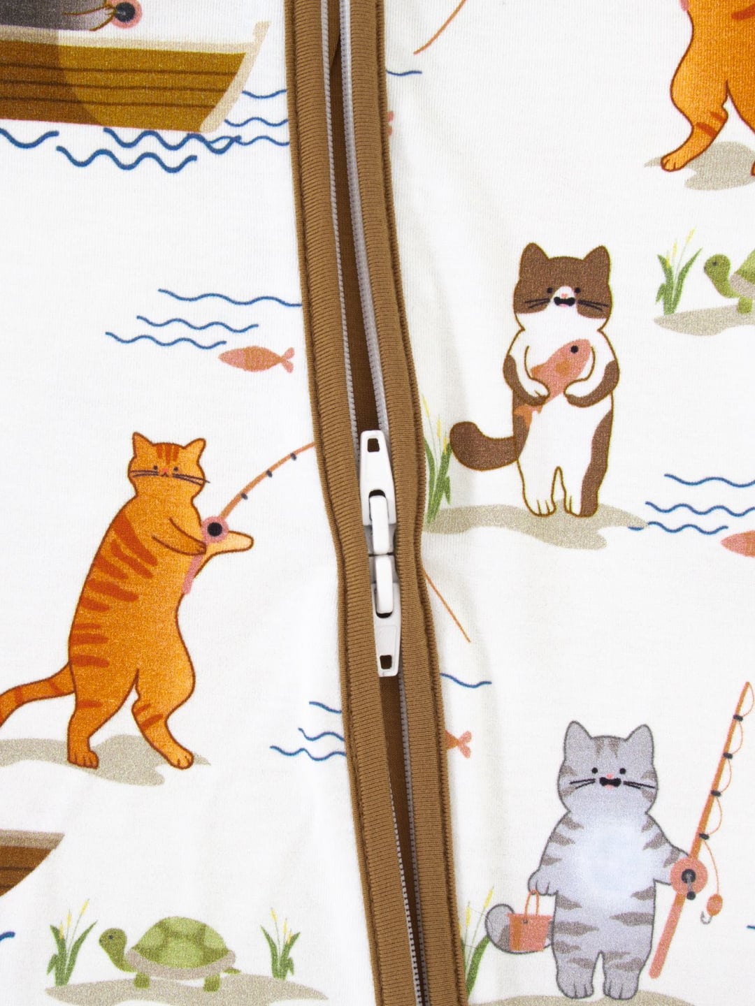 Bamboo Fiber Cat Fishing Print Double Zipper Romper