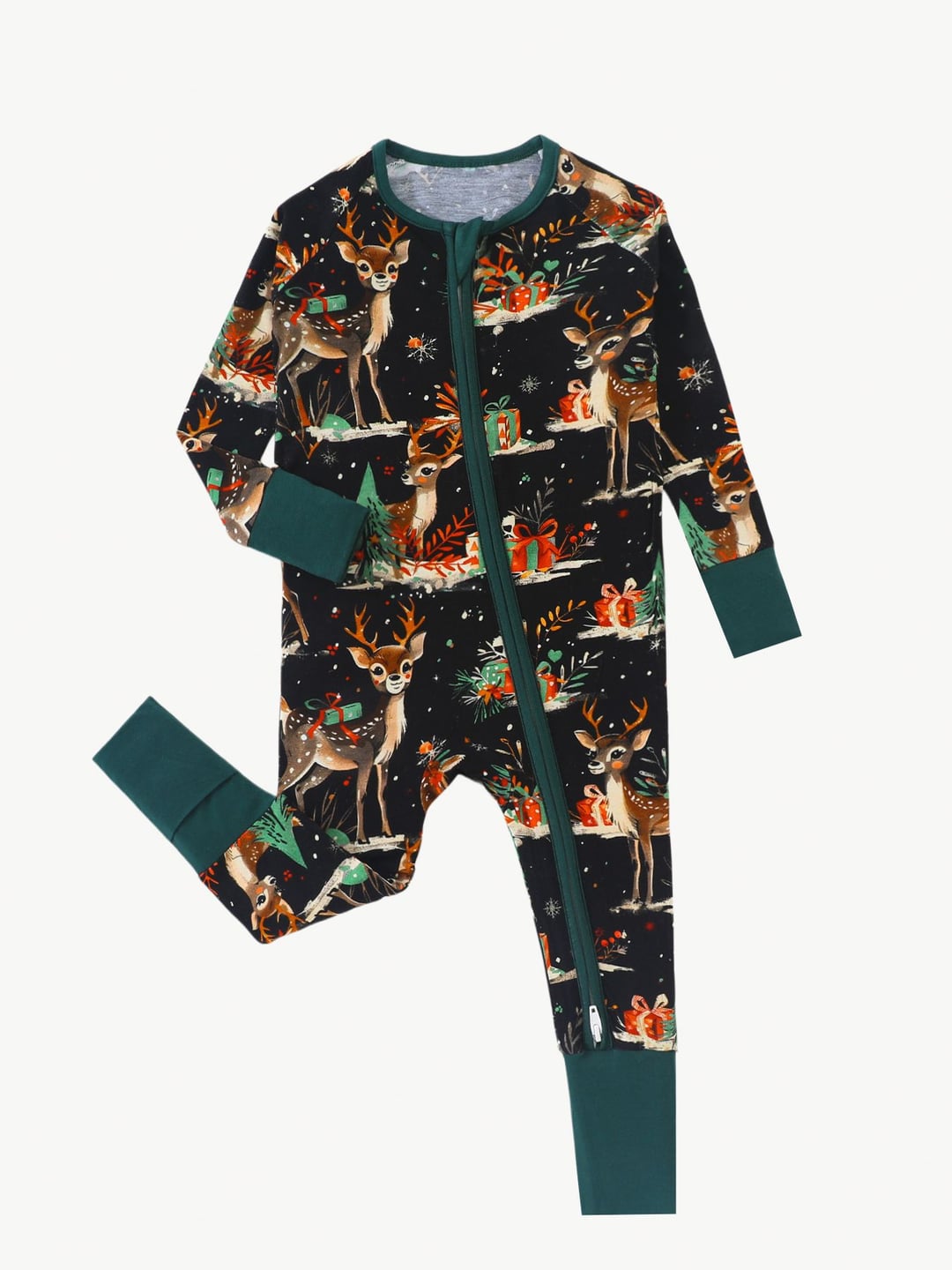 Bamboo Fiber Christmas Elk Print Double Zipper Romper