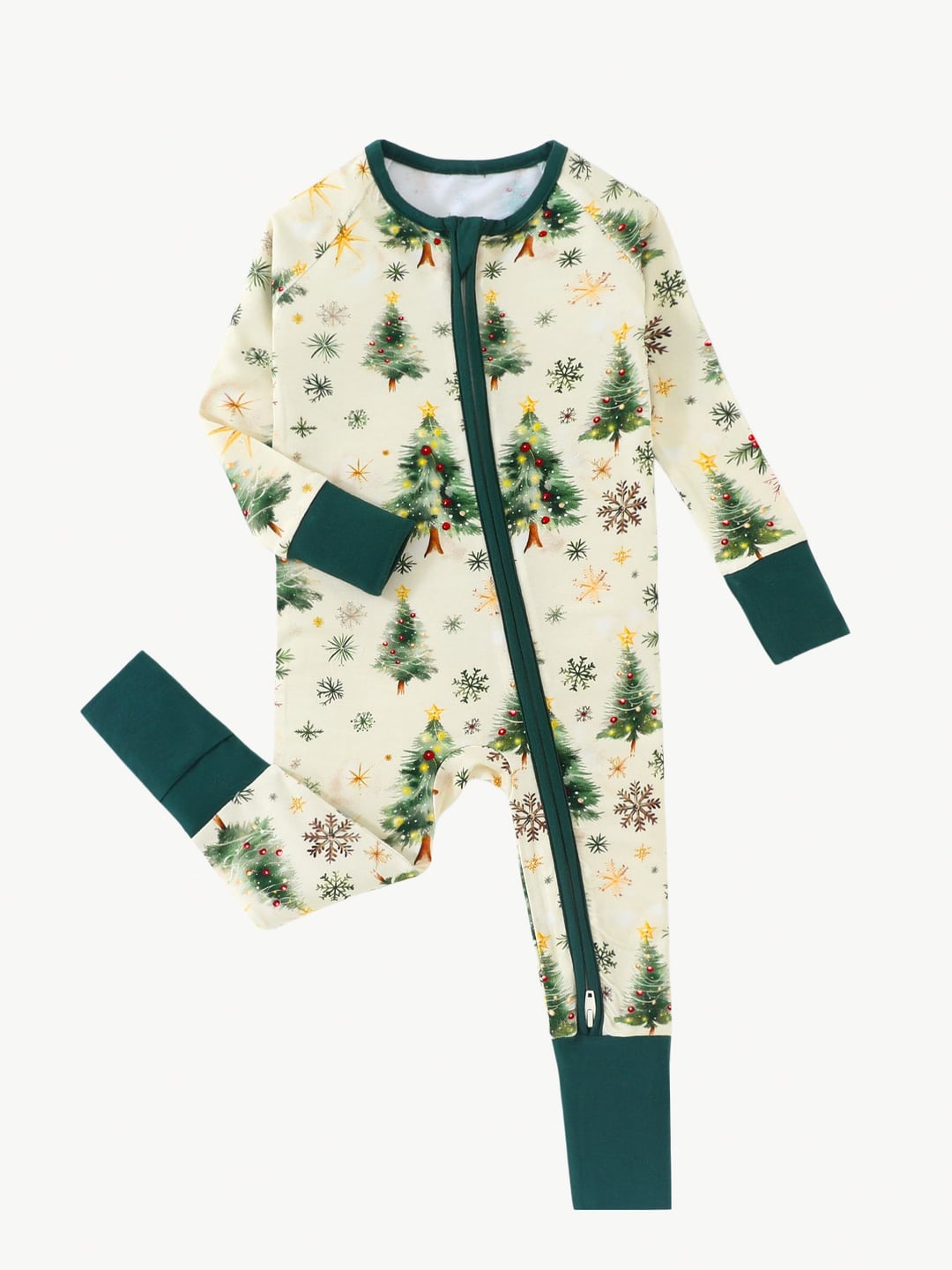 Bamboo Fiber Green Christmas Tree Print Double Zipper Romper