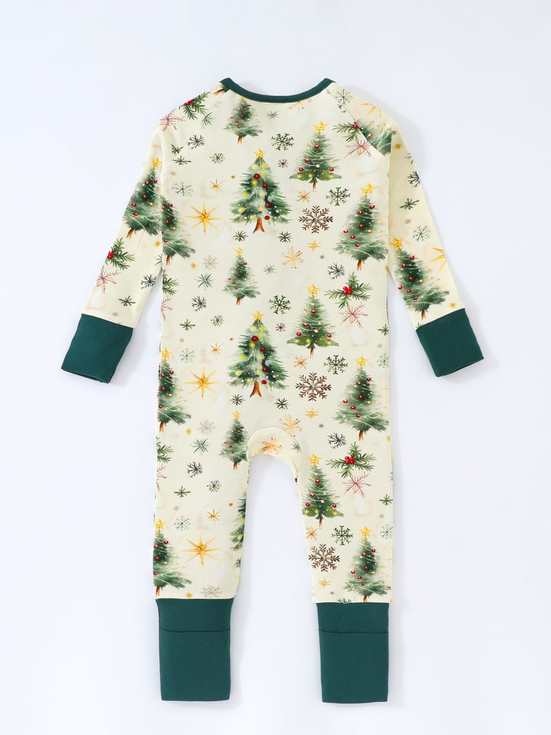 Bamboo Fiber Green Christmas Tree Print Double Zipper Romper
