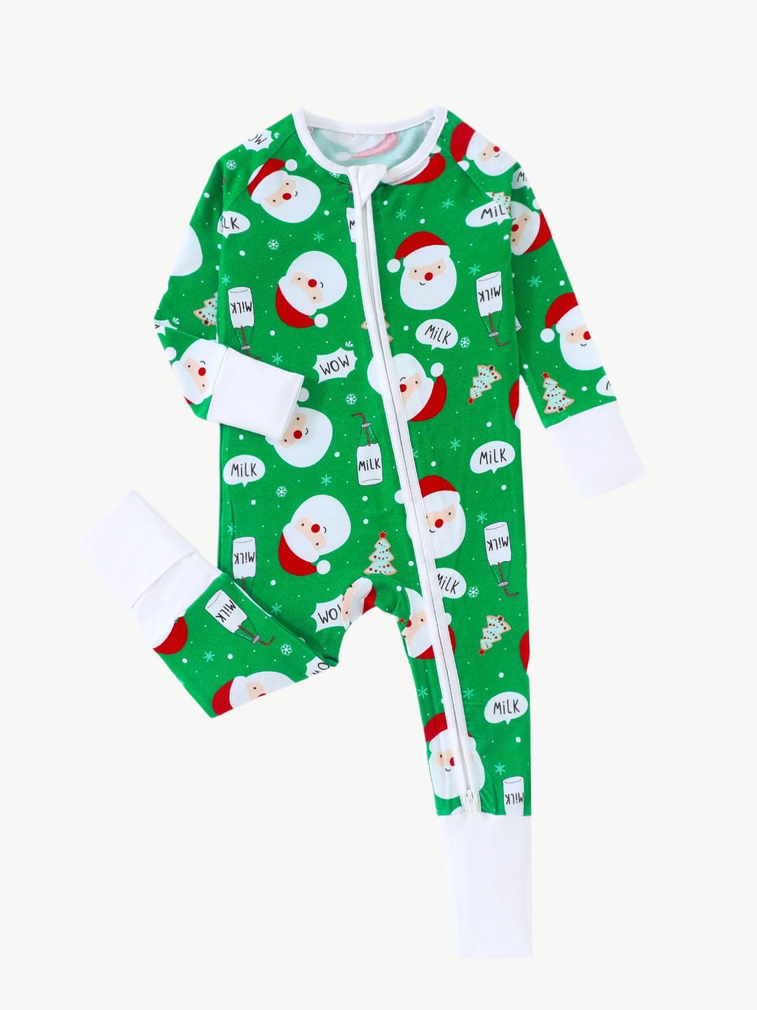 Bamboo Fiber Green Santa Head Print Double Zipper Romper