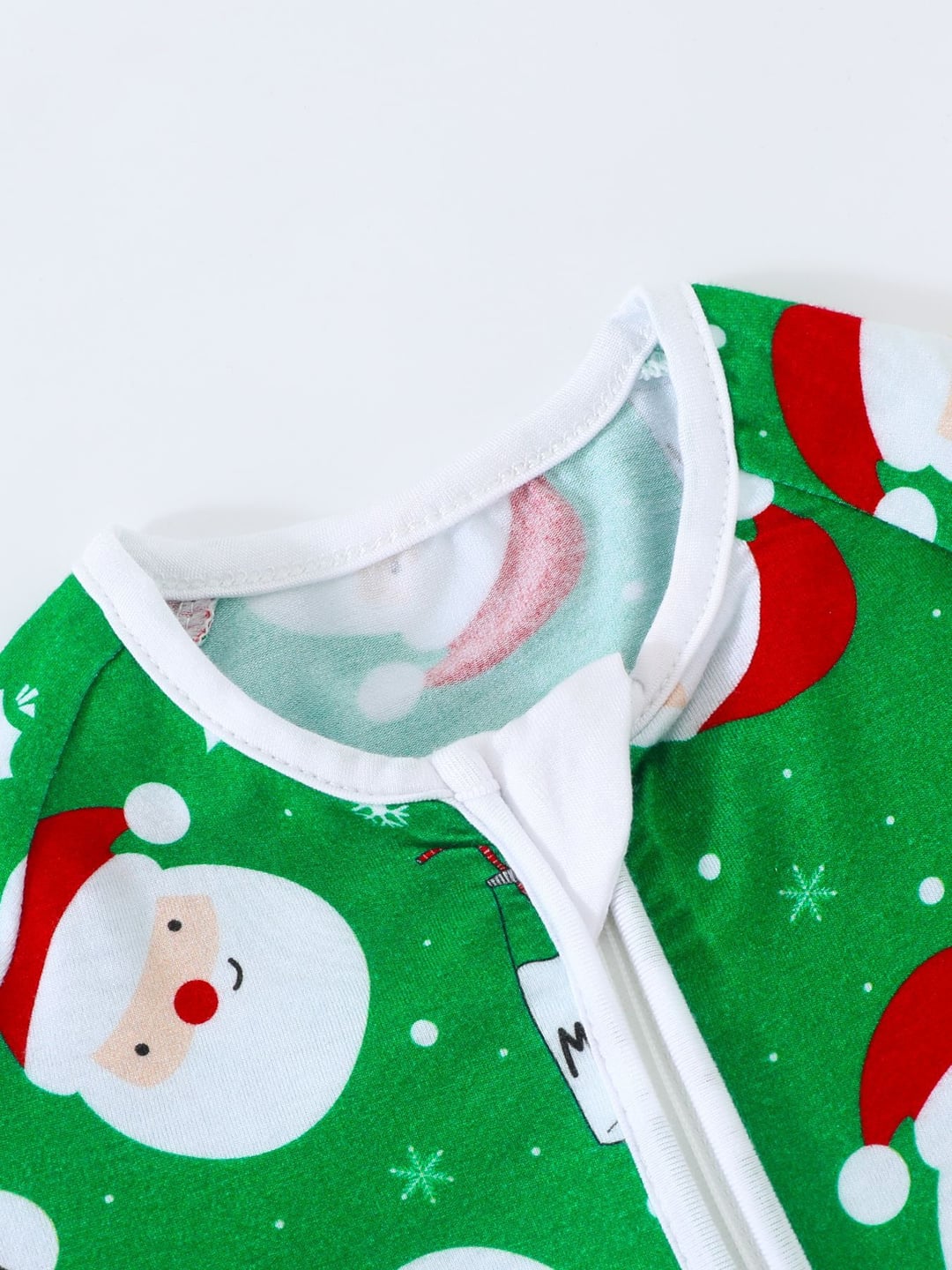 Bamboo Fiber Green Santa Head Print Double Zipper Romper