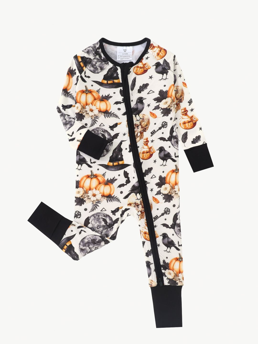 Bamboo Fiber Halloween Crow Pumpkin Print Double Zipper Romper
