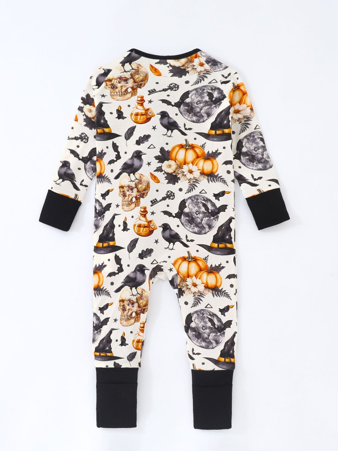 Bamboo Fiber Halloween Crow Pumpkin Print Double Zipper Romper