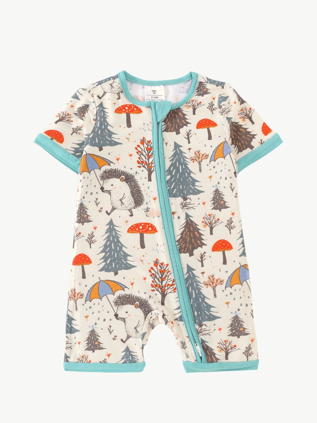 Bamboo Fiber Hedgehog Mushroom Print Double Zipper Romper