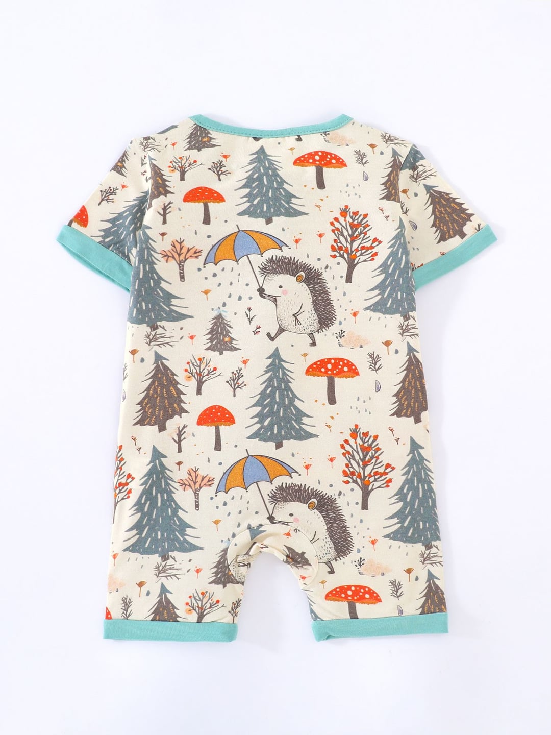 Bamboo Fiber Hedgehog Mushroom Print Double Zipper Romper