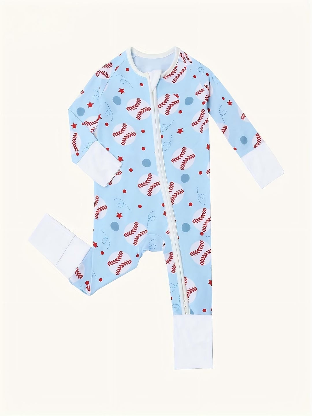 Bamboo Fiber Light Blue Baseball Printed Zipper Baby Romper