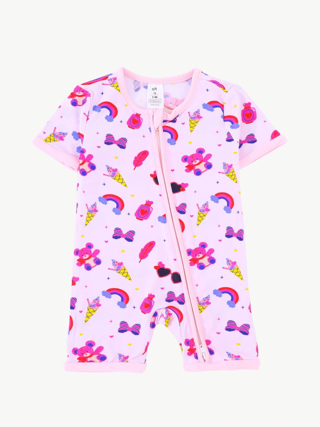 Bamboo Fiber Pink Ice Cream Rainbow Print Double Zipper Romper