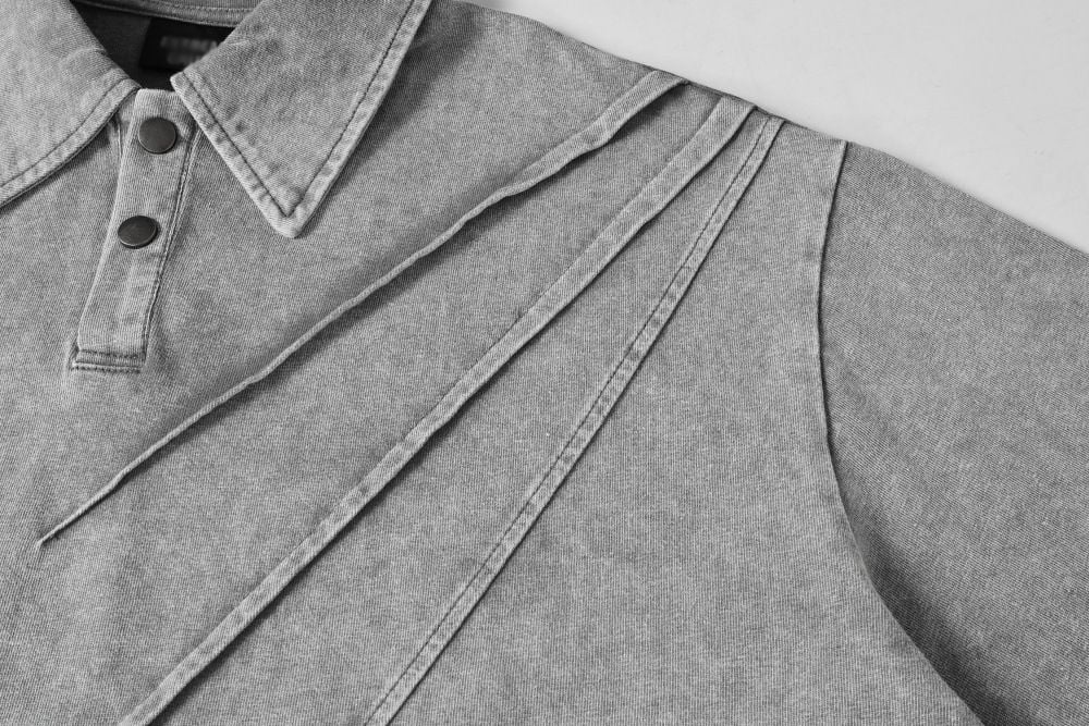 Men's Heavyweight Washed Vintage Collared Short Sleeve T-Shirt, Irregular Layered Design