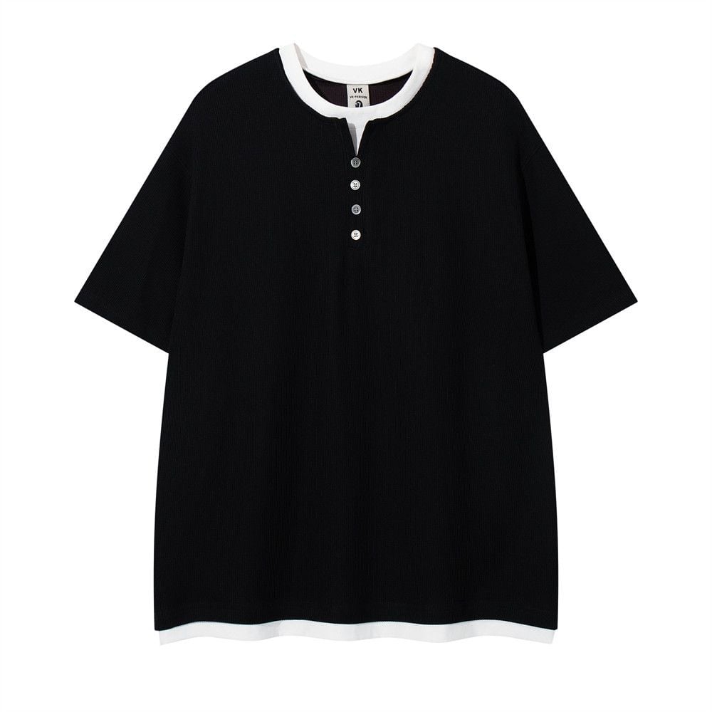 Men's color-blocked fake two-piece half-button crew neck short-sleeve T-shirt