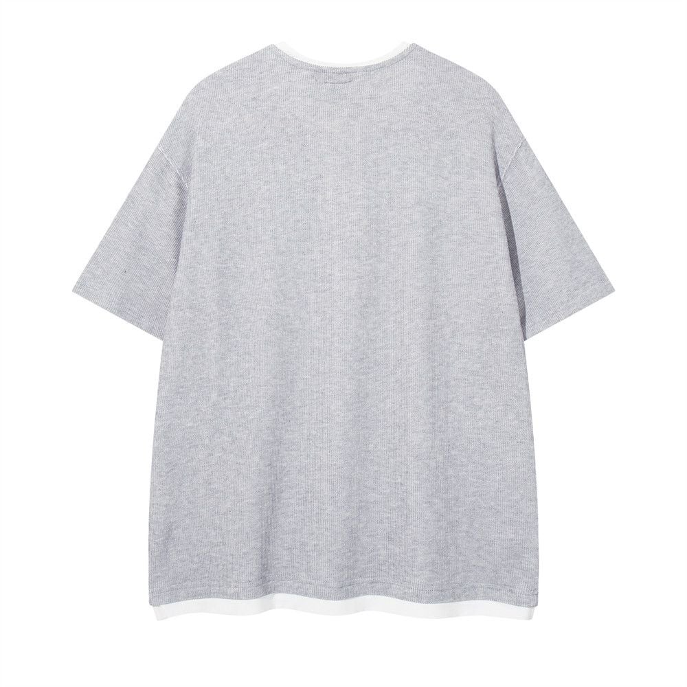 Men's color-blocked fake two-piece half-button crew neck short-sleeve T-shirt