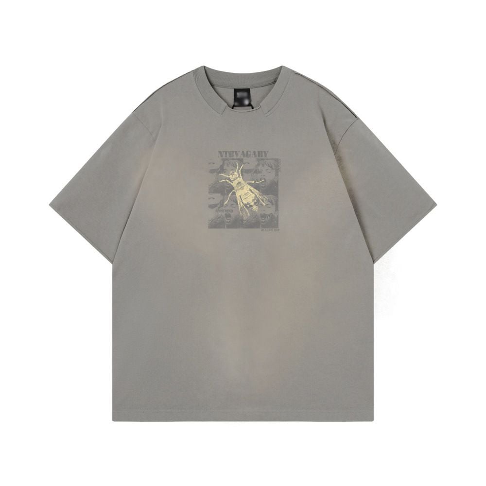 Portrait Print Short Sleeve T-shirt, Loose Top with Spray Paint Dirty Washed Finish
