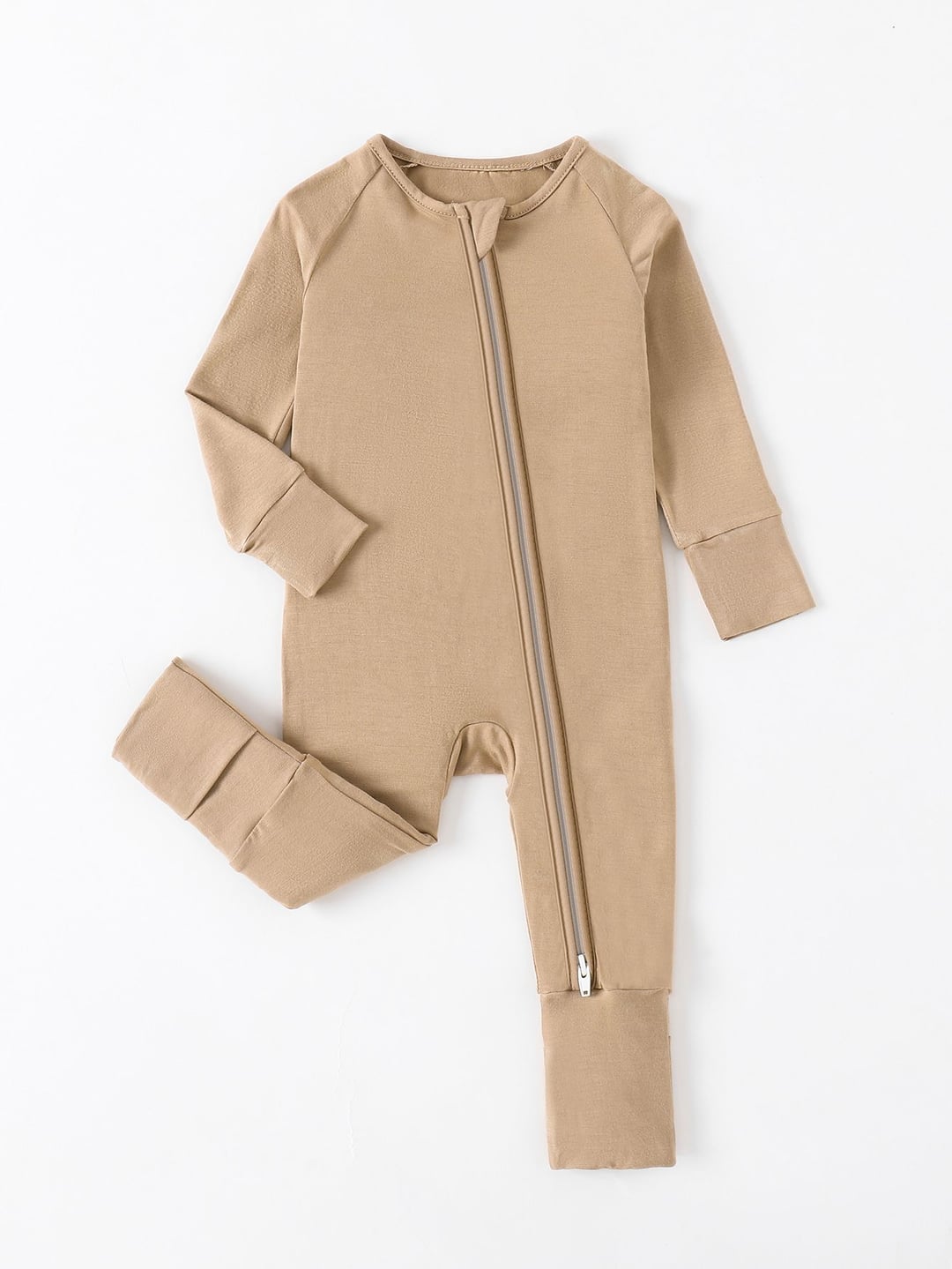 Bamboo Fiber Baby Khaki Solid Color Zipper Footed Onesie with Foldable Mittens