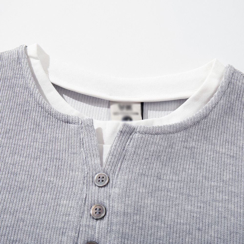 Men's color-blocked fake two-piece half-button crew neck short-sleeve T-shirt