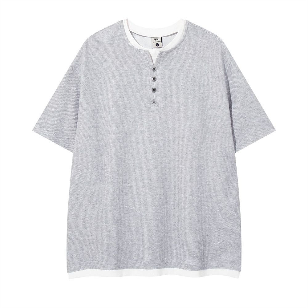 Men's color-blocked fake two-piece half-button crew neck short-sleeve T-shirt